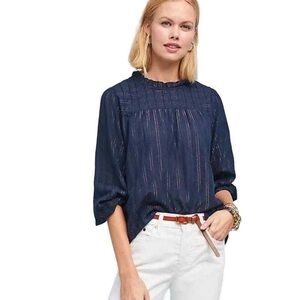 Maeve Anthropologie Reston High Neck Peasant Blouse with Metallic Stripes